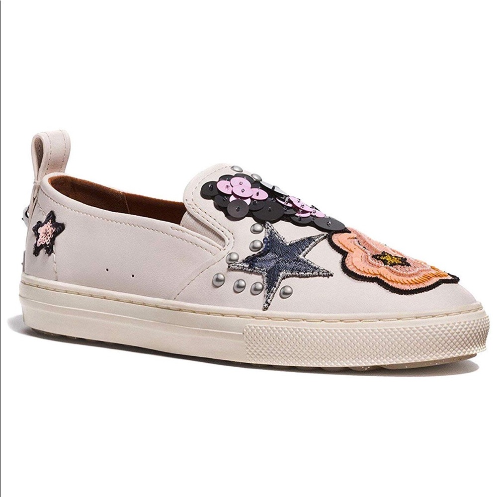 Coach Slip On Sneakers Sequin Embroidery Leather Shoes Unique Nude - Picture 3 of 8